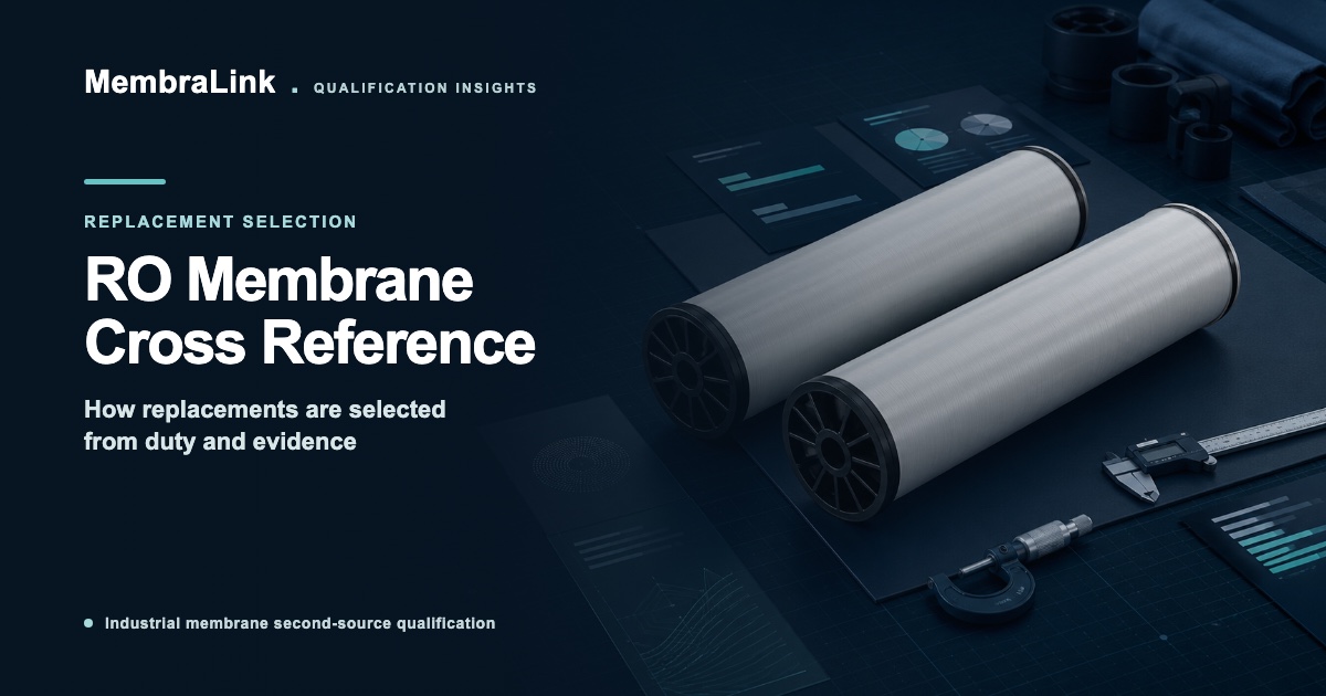 Two unbranded spiral-wound membrane elements on a technical comparison desk
